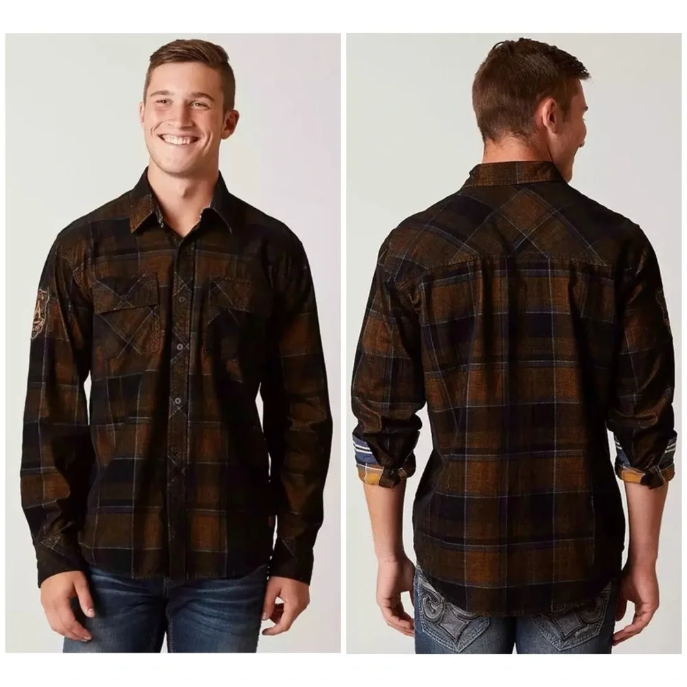 Affliction Men's Button Down Shirt Copper Mountain Embroidered Biker - Picture 11 of 13